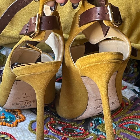Jimmy Choo Trick 110 Suede Heeled Sandals in Yellow Brown - Picture 3 of 10